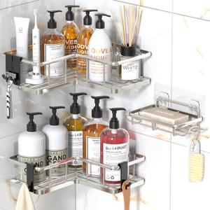 YASONIC Corner Shower Caddy Organizer, Self-Adhesive Rustproof Bath Shelves with Soap Holder & 4 Hooks, Large Capacity Shower Storage Rack For Bathroom Organization, (3Pack, Silver)