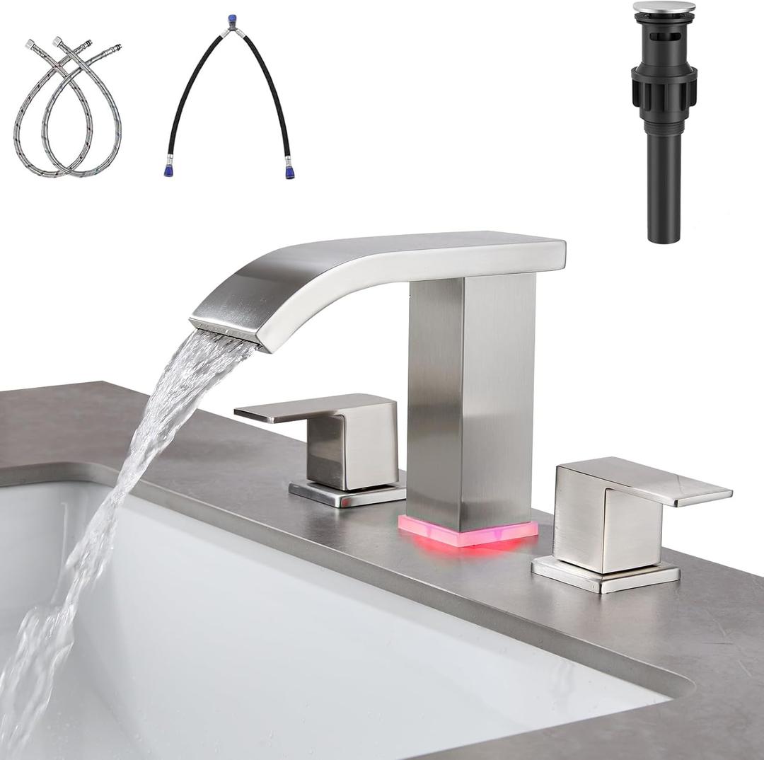 LED Light Widespread Bathroom Faucets for Sink 3 Hole Waterfall -Bathroom Faucet with Pop-up Drain Assembly, 8 Inch Bathroom Sink Faucet 2-Handles, Modern Lavatory Vanity Faucet (Brushed Nickel)