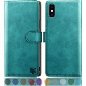 SUANPOT for iPhone X/XS 5.8"(Non XS Max 6.5")with RFID Blocking Leather Wallet case Credit Card Holder, Flip Folio Book Phone case Shockproof Cover for Women Men for Apple X/Xs case Wallet Blue Green