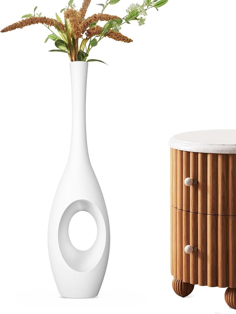 23.6" White Tall Floor Vase Donut-Shaped Oval Body with Slim 3cm Neck, Modern Tall Decorative Vases for Living Room, Entryway, Office Decor Resin Floor Vase