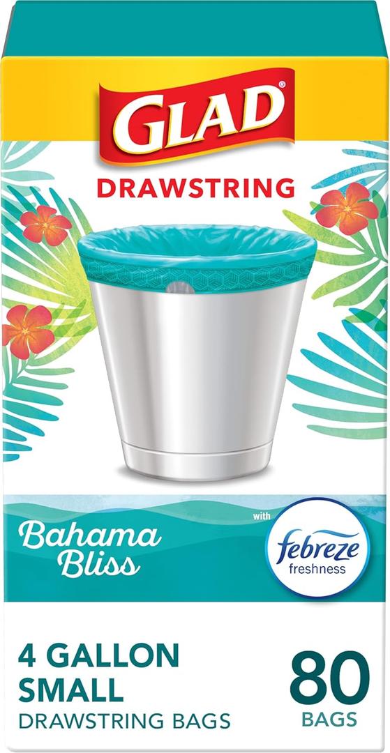 Glad Small Garbage Bags 4 Gallon, Febreze Bahama Bliss Garbage Bags, Odor Resistant with Drawstring, 80 Count