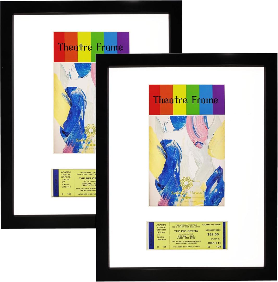 2 Packs, 11x14 Black Theatre Frame with Double White Mats, Theatre bill Frame, Holds 5.5x8.5-inch Theatre bill & Ticket for Wall Display