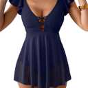 Women's One Piece Ruffle Swimsuit Sexy Mesh One Piece Swim Dress Tummy Control V Neck Swimwear (Blue)