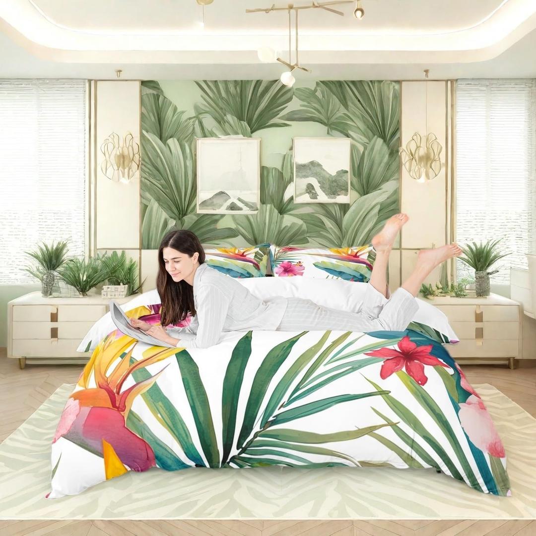 Tropical Tree Plant Duvet Cover Set Queen Size with Zipper Closure, Watercolor Red Hibiscus Flower Pattern Printed Comforter Cover,Palm Leaves Bedding Sets with 2 Pillow Cases,Soft,Green Pink (Leaf 10)