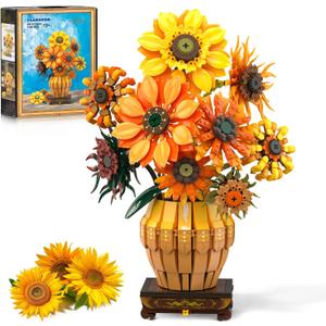 PLAXSOON Sunflower Building Set with Lights Vase Base, Flowers Botanical Collection Building Block for Adult Women Girls 12+, Gift for Mothers Day, 1180PCS Art Bouquet Bonsai Plant Building Kit