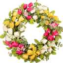 22 Inch Easter Wreath for Front Door, Tulip Wreaths with Eucalyptus, Spring Wreath Decor for Porch Wall Indoor Outdoor, Pink White Yellow Floral Home Decor