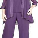 Le Bos Women's Plus Size FORTUNY Trim Long Jacket Pant Set, Eggplant, 24W