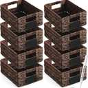 Nitial 8 Pcs 12 x 9 x 5 Inch Wicker Storage Basket, Rectangular Water Hyacinth Storage Baskets for Shelving, Foldable Woven Pantry Organizer with Chalkboard Label and Chalk Marker (Dark Brown)