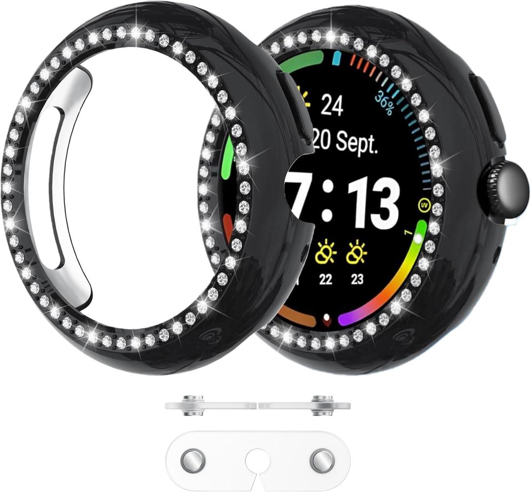 Wugongyan 2-Pack Case for Google Pixel Watch 4 45mmCharge with Case On Bling Single Row Crystal Diamonds Hard PC Protective Cover Edge Protector for Pixel Watch 4(Black+Clear,45mm)