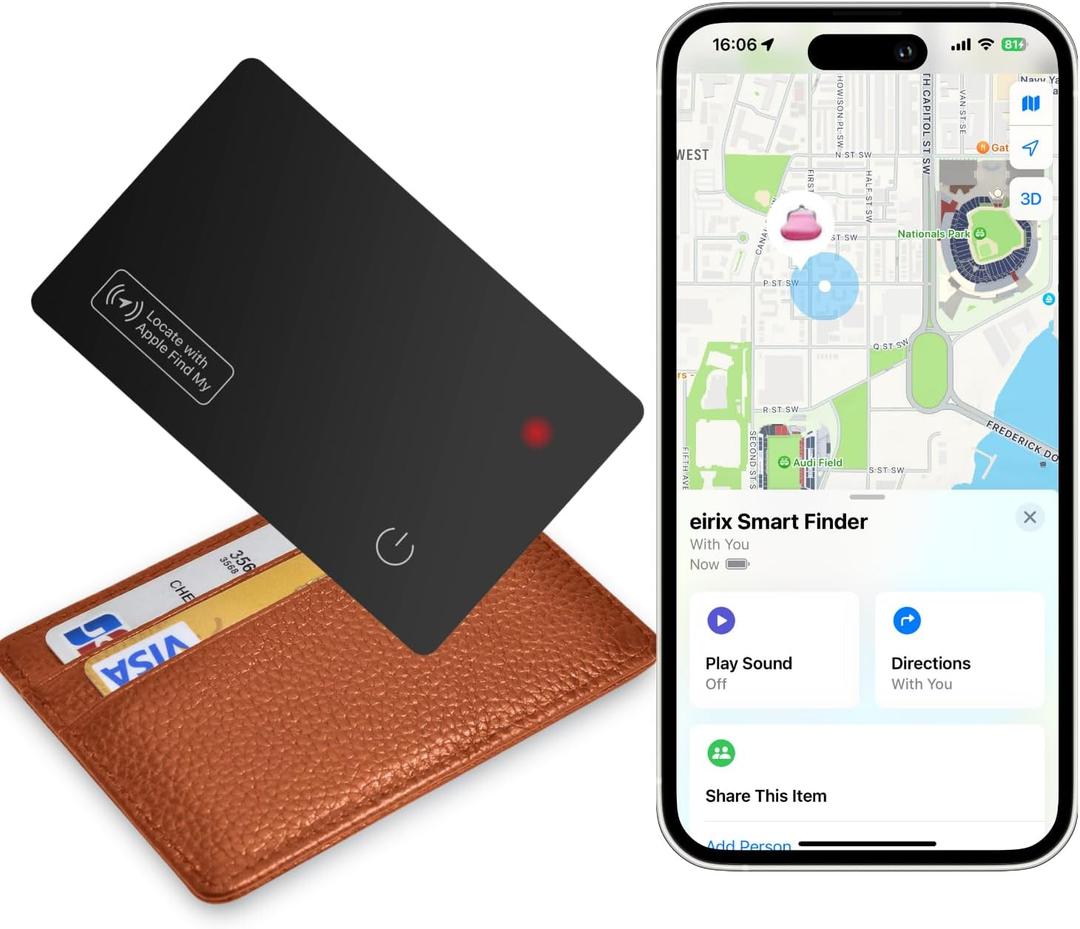 Wallet Tracker Card (iOS Only), Slim Smart GPS Tracker Works with Apple Find My, Rechargeable Wallet Tracker and Item Locator for Luggage, Purse, Card Bag