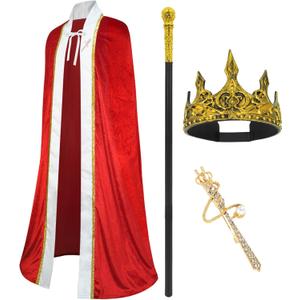 CosInStyle 3 Pieces Halloween King Prince or Queen Robe Red Cloak Cape Crown Wand Costume Set with King Crown Headband