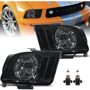 KUIPERAUTO Headlights Assembly Compatible for 2005 2006 2007 2008 2009 Ford Mustang w/Black Housing Smoke Lens Bulbs Included Driver and Passenger Side Headlights