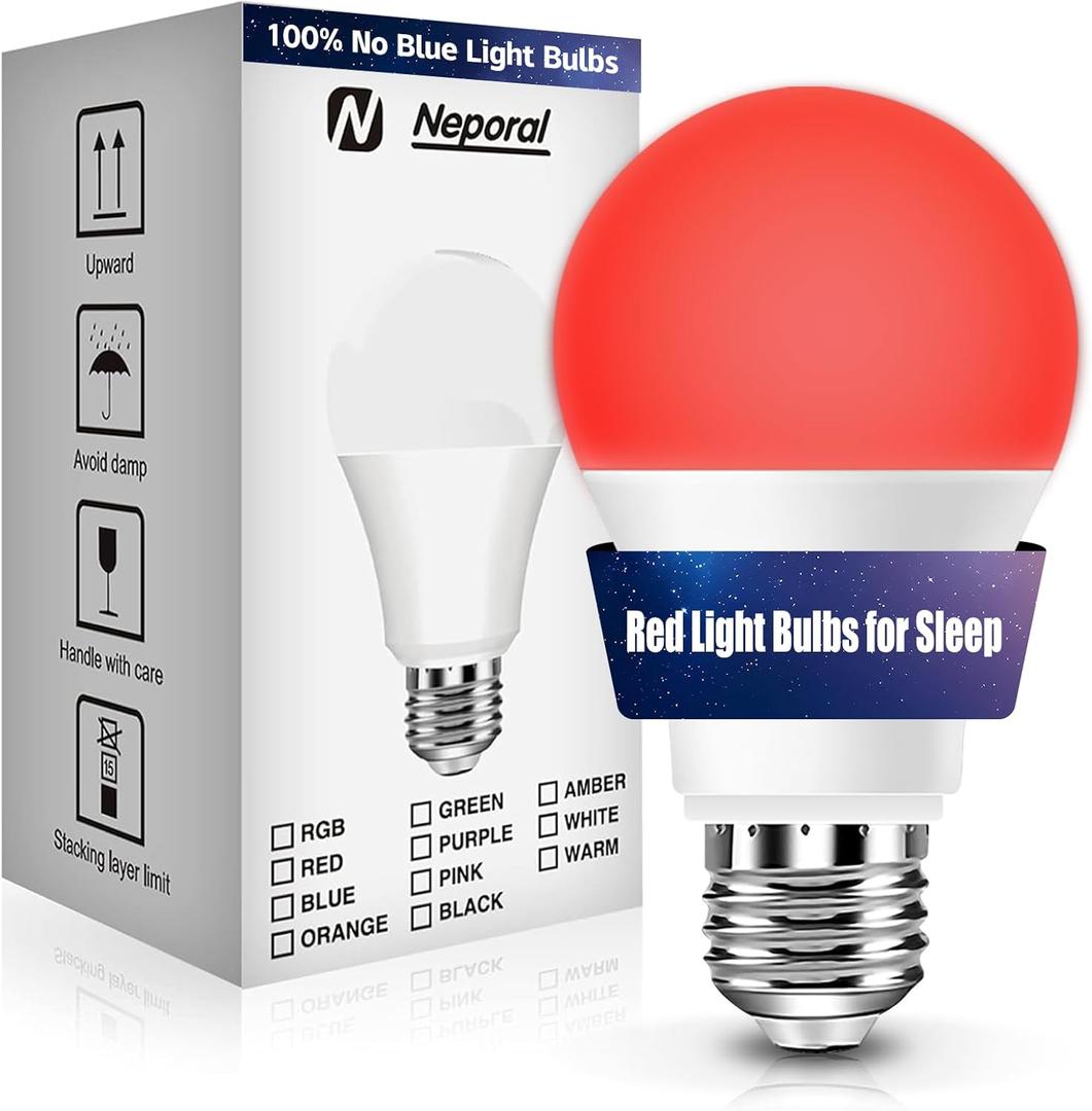 Neporal Red Light Bulbs for Sleep 9W, 100% Blue Light Blocking Red Night Light, 625nm LED Light Bulb for Melatonin Promoting, A19 60W Equivalent Dim Light Bulbs for Bedroom, Baby Nursery,1 Pack
