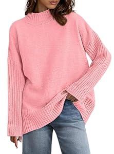 PRETTYGARDEN Casual Long Sleeve Oversized Sweaters for Women 2026 Loose Mock Neck Pullover Sweater Ribbed Knit Fall Clothes (Pink, Small)