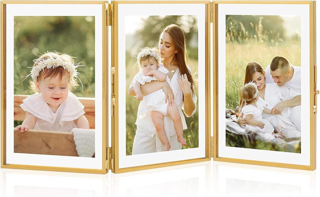 Gold 4"x6" Triple Picture Frame, Gold Folding Picture Frames with Three Opening, Hinged Glass Floating Picture Frames for Artwork Photo Stand on Tabletop