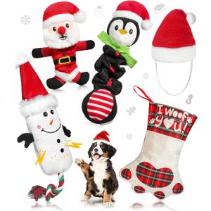 Swooflia 5 Pcs Christmas Dog Toys Stocking Stuffers - Cat Hat Plush Squeaky Dog Toys for Small Dog Cat Puppy Pet to Keep Them Busy and Celebrate Xmas (Not for Big & Aggressive Chewer)