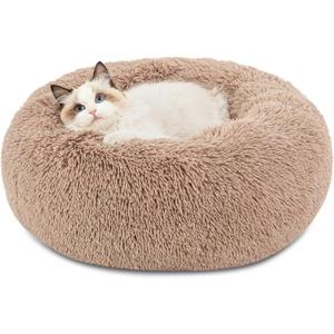 Bedsure Calming Cat Beds for Indoor Cats - Small Cat Bed Washable 20 inches, Anti-Slip Round Fluffy Plush Faux Fur Pet Bed, Fits up to 15 lbs Pets, Camel