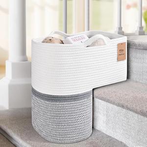 Woven Stair Basket, Stair Baskets for Wooden Stairs, Carpeted Stairs Storage Basket with Handles, Staircase Baskets for Toys, Books, Gray, 15 L x 10 W x 15 H