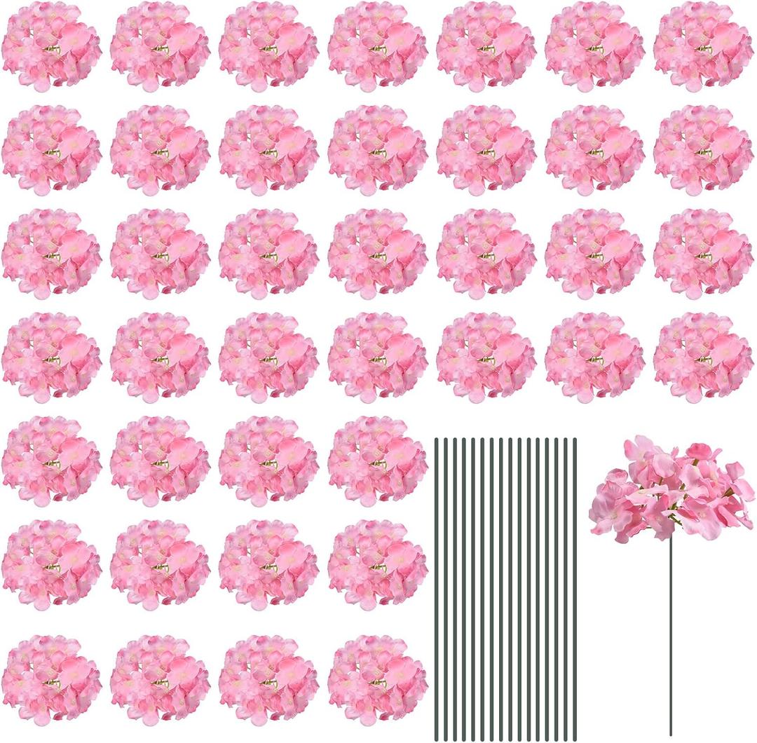 MECCANIXITY Silk Artificial Hydrangea Flowers, Pink Artificial Flowers Heads with Stems, Full Hydrangea Flowers for Wedding Centerpieces, Party Decoration 30 Set