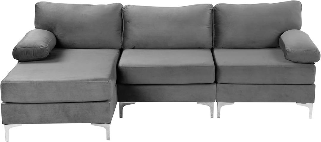 Divano Roma Furniture Modern Velvet L-Shape Sectional Sofa, with Extra Wide Chaise Lounge Couch, Grey