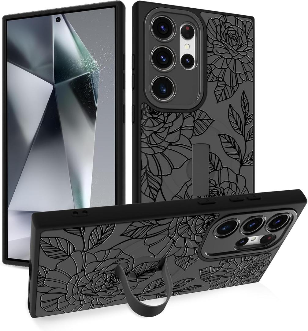 Case with Strap Stand for Samsung Galaxy S24 Ultra, Black Rose | Wireless Charging Compatible, Finger Strap Stand, Kickstand, Shockproof Protection, Soft TPU and Hard PC, for Women