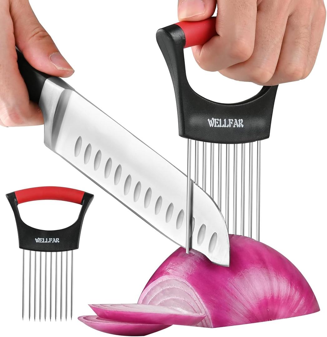 2 PCSOnion Slicer Holder - Onion Holder for Slicing, Vegetable Chopper & Cutter Tool for Potato, Lemon, Tomatoes, Stainless Steel Kitchen Gadget with Guide Rack, Meat Prep & Food Essentials.