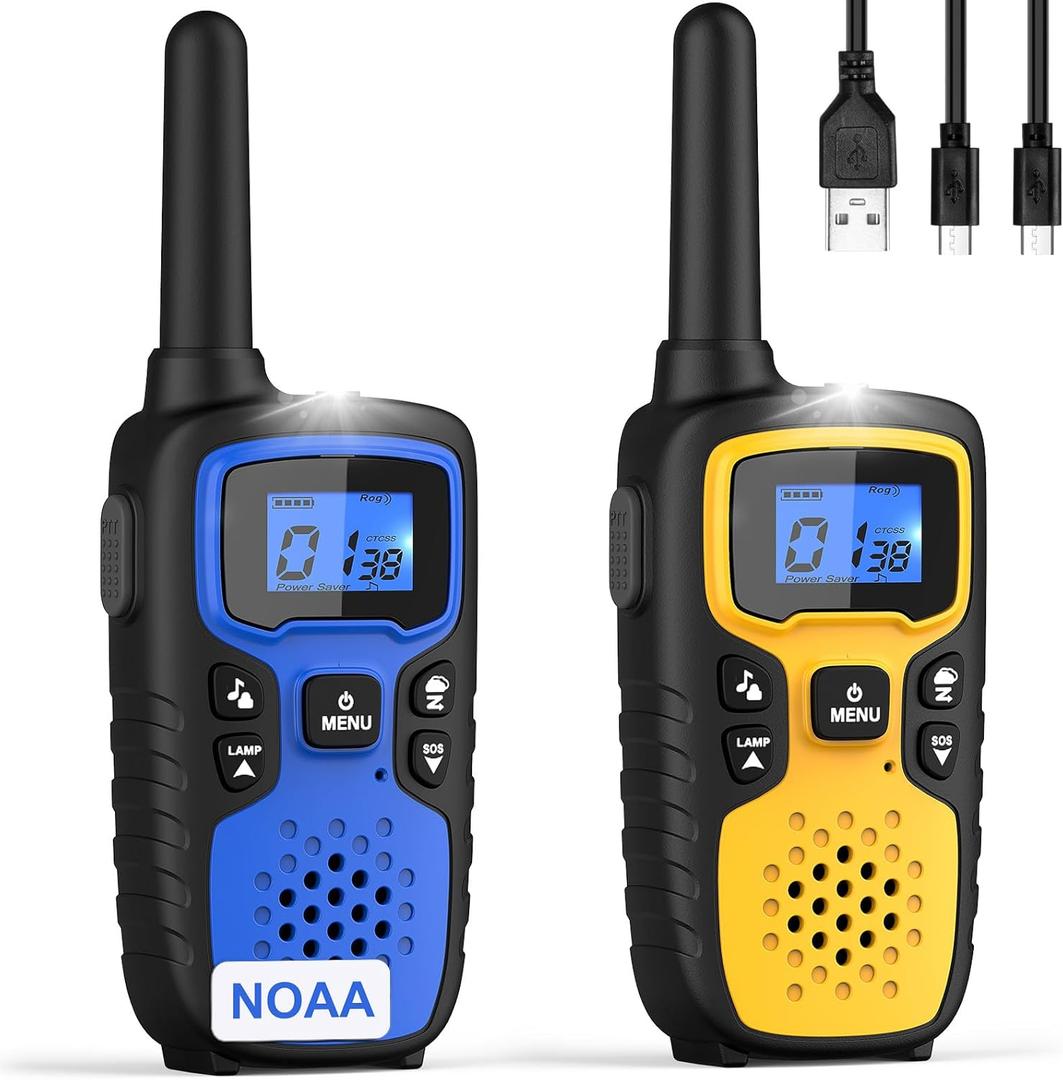 Wishouse Walkie Talkies for Kids Adults - Long Range Rechargeable 2 Way Radios,Gift,Hiking Accessories Camping Gear with Lamp,SOS Siren,NOAA Weather Alert,VOX,Easy to Use 2 Pack (Blue Yellow)