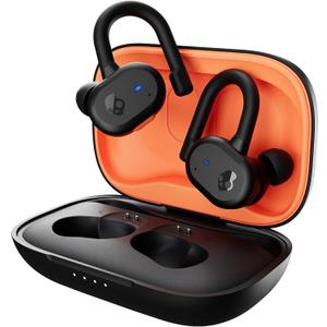 Skullcandy Push Active Wireless Earbuds, Bluetooth Headphones, Noise Isolating, 44 Hrs Battery, Secure-Fit Over-Ear Hanger, Sweat and Water Resistant, Microphone for iPhone Android - True Black/Orange