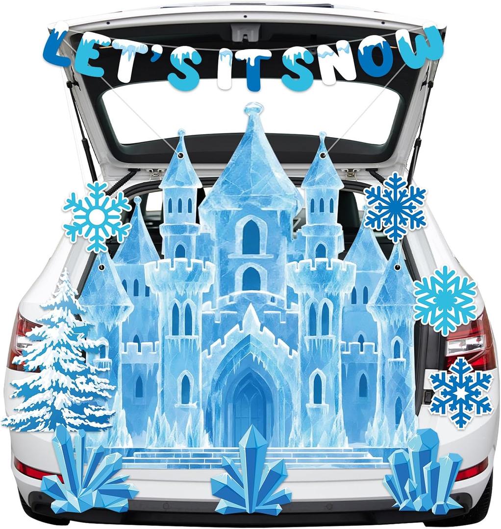 Halloween Trunk or Treat Decorations Kit Ice Snow Castle Trunk Decoration Kit Blue Ice Castle Background Snow Party Decorations Banner for Car Decoration for SUV Garage Church Party Decors Supplies