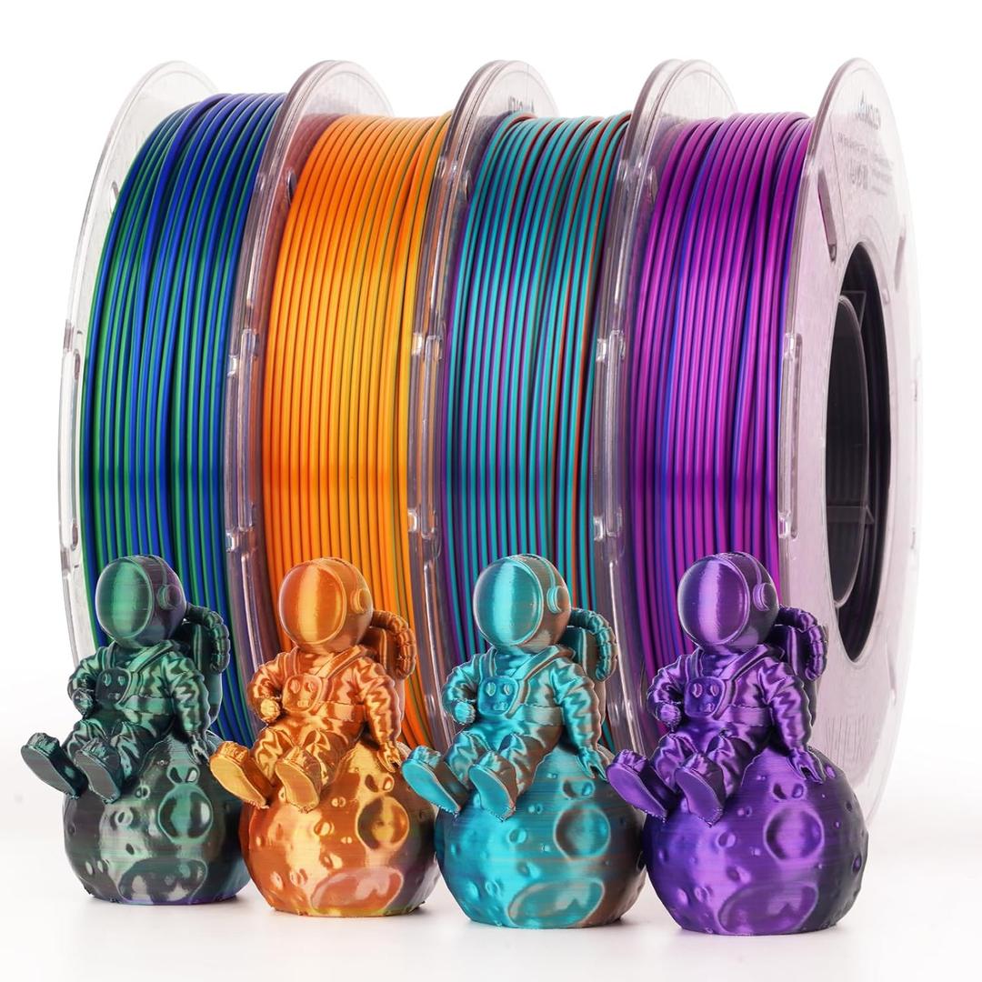 AMOLEN Silk PLA Filament 1.75mm, Triple Colors 3D Printer Filament Bundle, Shiny 3D Printer Filament Dimensional Accuracy +/- 0.02mm, Silk PLA Filament Fits for Most FDM 3D Printers, 200g X 4 Pack (Triple Black Blue Purple/Blue Green Purple/Purple+blue Green+burnt Orange)