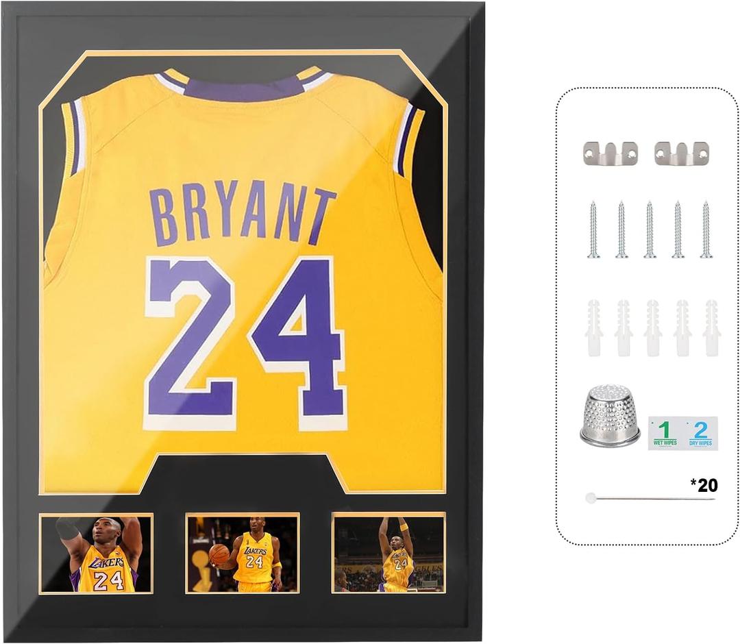 Nice C Jersey Frame Display Cases, Jersey Frame with Picture Slots, Jersey Shadow Box Display Case, 98% UV Protection, Football, Basketball (1 Pack, Black&Gold)