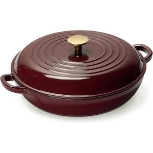CAROTE 3.4QT Enameled Cast Iron Braiser Pan, Shallow Dutch Oven Casserole Skillets, Non-Toxic Cast Iron Pot with Lid for Grilling, Searing, Baking, Dual Handles, All Stovetop Compatible, Fig