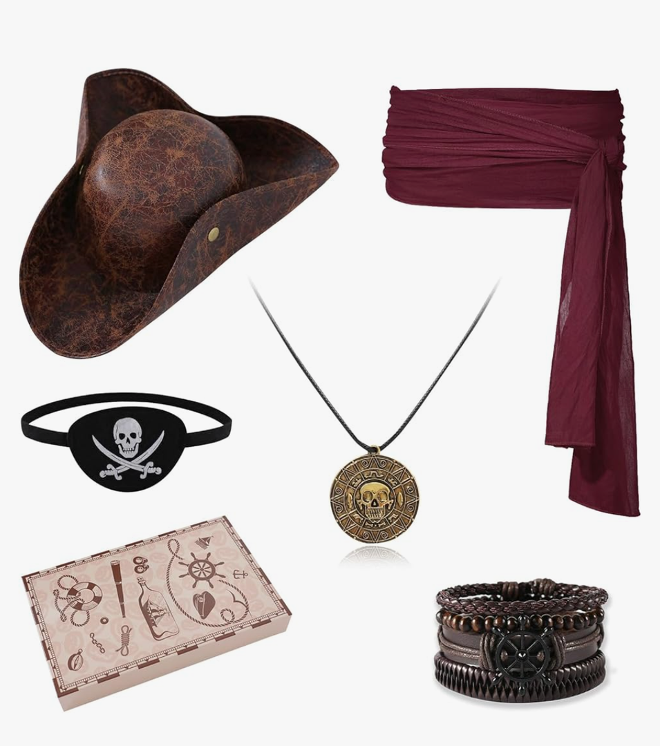 Pirate Hat and Accessories Set with Eye Patch Necklace Sash Leather Bracelets for Men Women Pirate Costume Halloween Cosplay Renaissance Outfit