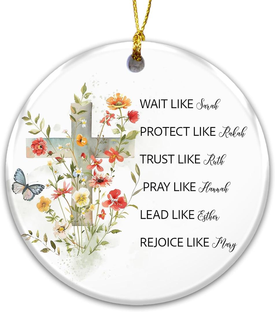 2 x Christian Floral Cross Ornament  Cross Christian Christmas Ornament, Women of The Bible Quote, Sarah Rebekah Ruth Hannah Esther Mary, Faith Scripture Christmas Tree Decoration