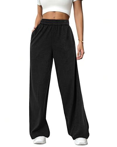 Bsubseach Wide Leg Sweatpants for Women Baggy Terry Cloth Palazzo Pants with Pockets High Waisted Lounge Pant, Black, S