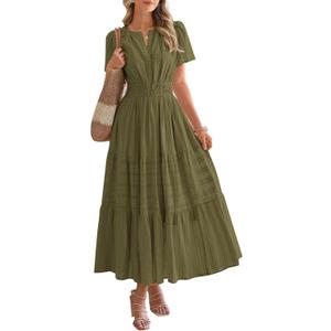 BTFBM Womens Summer 2025 Casual Midi Maxi Dresses Lightweight Short Sleeve V Neck Elastic Waist Boho Beach Dress Pockets (Large, Army Green)