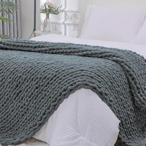 Bigacogo Chunky Knit Throw Blanket for Couch, 80x90 inches, 100% Hand Knitted with Thick Jumbo Chenille Yarn, Cozy Soft Large Rope Knot Cable Crochet Blankets for Sofa Bed Living Room, Iron Gray