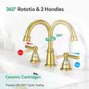 CREA Gold Bathroom Faucet 3 Hole,2 Handles 8 Inch Widespread Bathroom Faucets with Drain,360°Swivel 3 Pieces Brushed Gold Faucet for Bathroom Vanity Basin Mixer Tap(cPUC Supply Line)