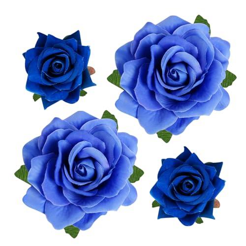 Topbuti Rose Hair Clip Flower Hairpin Brooch Floral Clips, 4 Pcs Fabric Rose Flowers Hair Clips Mexican Hair Flowers Pin up Headpieces for Woman Girl Wedding Party Mother's Day (2 Sizes) (Blue)