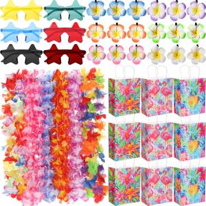 Soulchen 72 Pcs Hawaiian Party Favors Luau Leis Flower Clips Novelty Sunglasses with Tropical Themed Gift Bags for Summer Tiki Luau Party Supplies 
