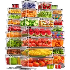 KEMETHY 60 PCS Food Storage Containers with Lids, BPA-Free Plastic Food Containers for Kitchen Storage, Leak Proof, Reusable Meal Prep Containers with Labels & Pen