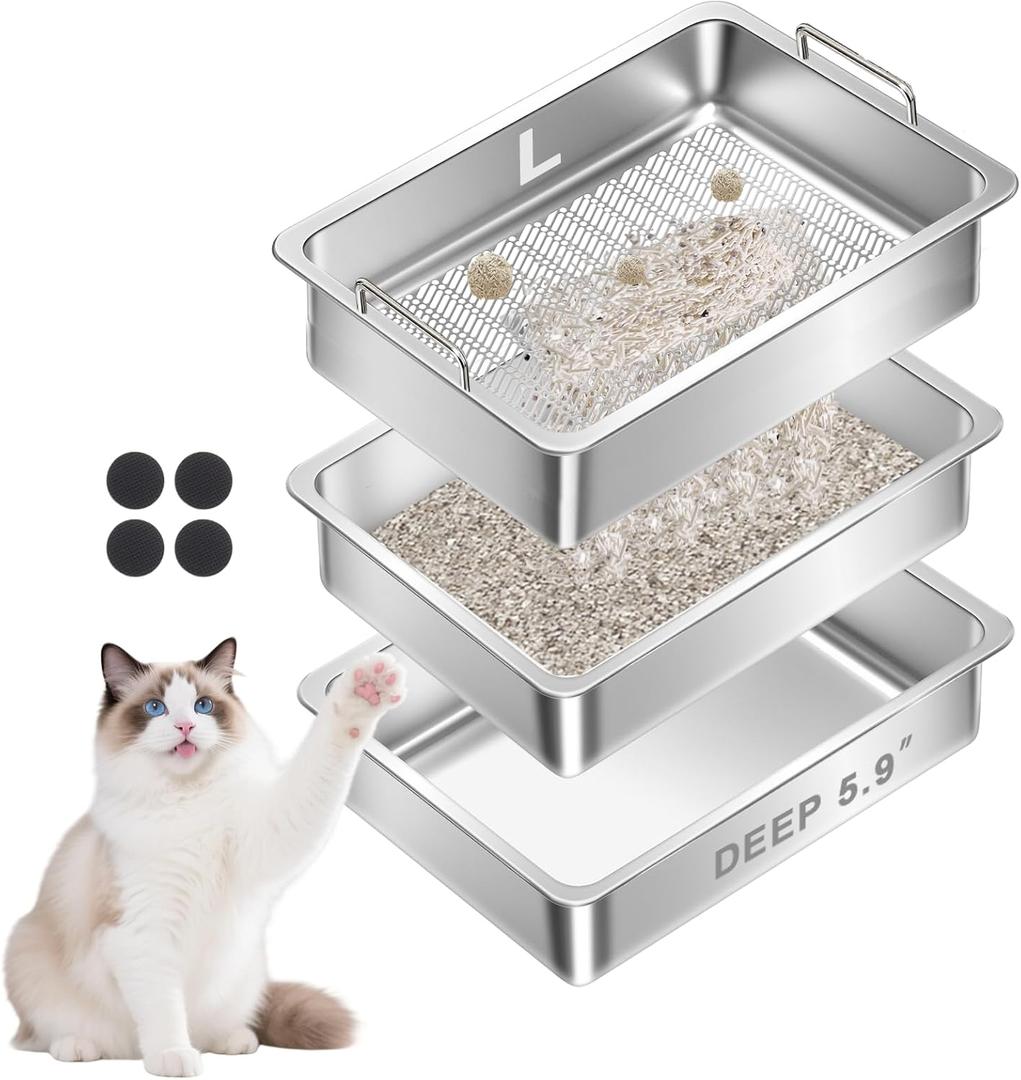 Stainless Steel Sifting Cat Litter Box for Clumping Clay Litter with High-Speed Sifting System, Large Metal Litter Box with 2 Replaceable Bottom Pans, Odor ControlEasy Clean (19.7"x13.7"x5.9")