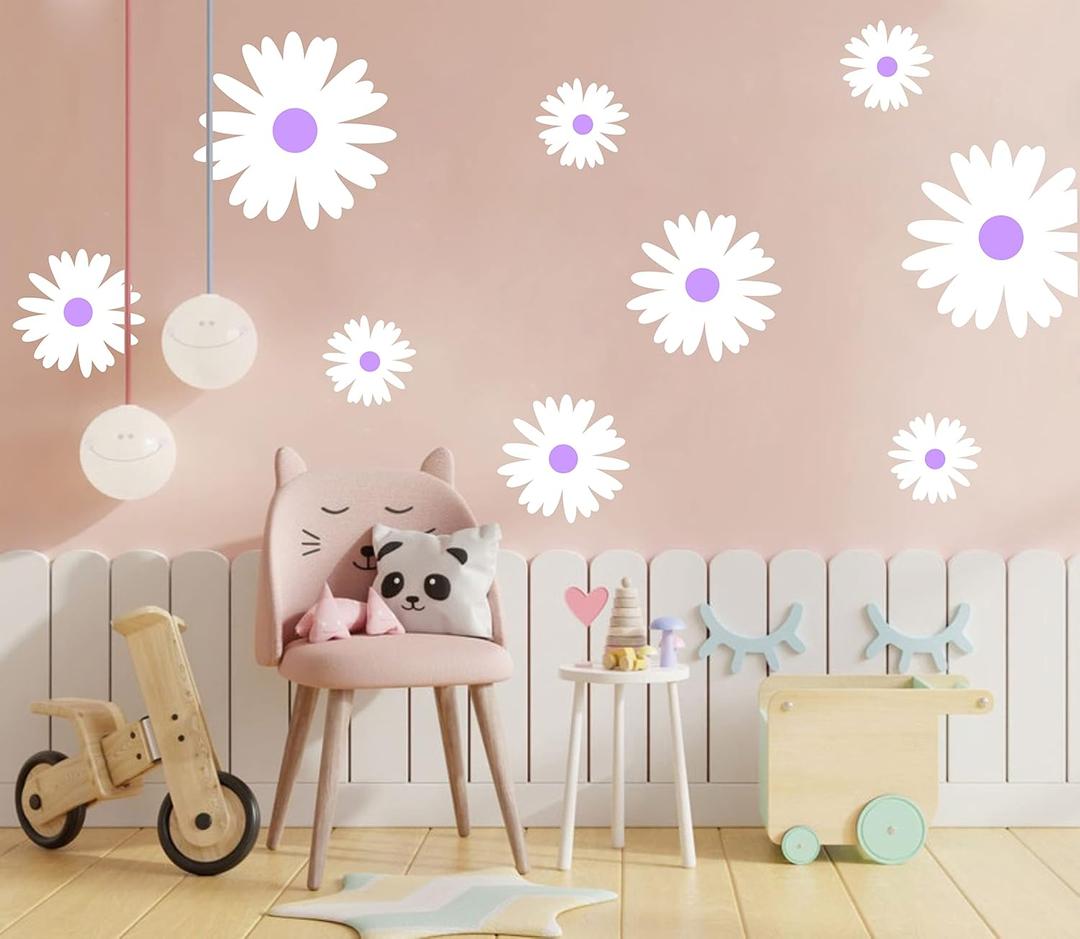 Daisy Flower with dots Wall Decals Nursery Decal Living Room Vinyl Wall Decal Wall Sticker Kids Room Wall Decor Y43 (White, Purple, Design 3)