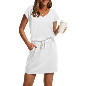 OFEEFAN Summer Dresses for Women 2025 V Neck T Shirt Casual Mini Dresses Tie Waist Sundresses with Pockets (Large)
