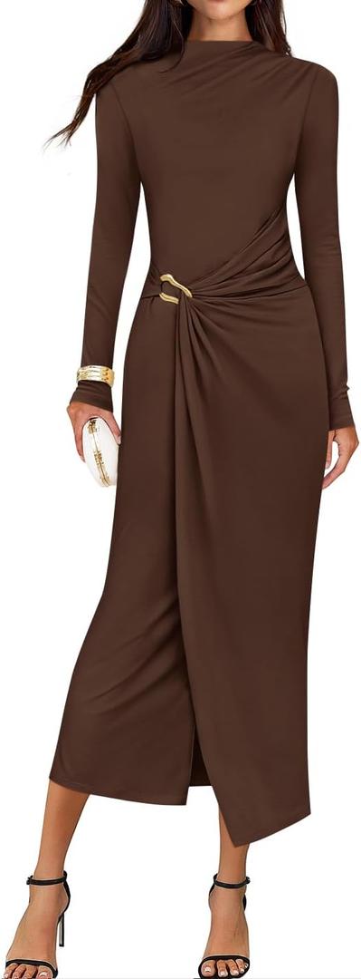 ZESICA Women's 2026 Fall Long Sleeve Bodycon Dress Mock Neck Wedding Guest Cocktail Party Long Midi Dresses (X-Large, Brown)