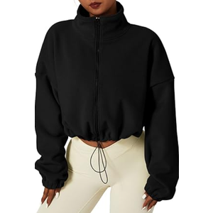 QINSEN Women's Full Zip Fleece Short Jacket Warm Winter Long Sleeve Stand Collar Sherpa Crop Coat, Black, Size  M