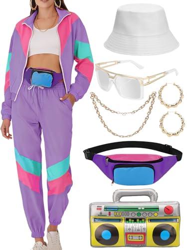 VillbeCoser Women's 80s 90s Outfits Tracksuit Costume Accessories Set, Color Block Windbreaker Jacket(Purple M)