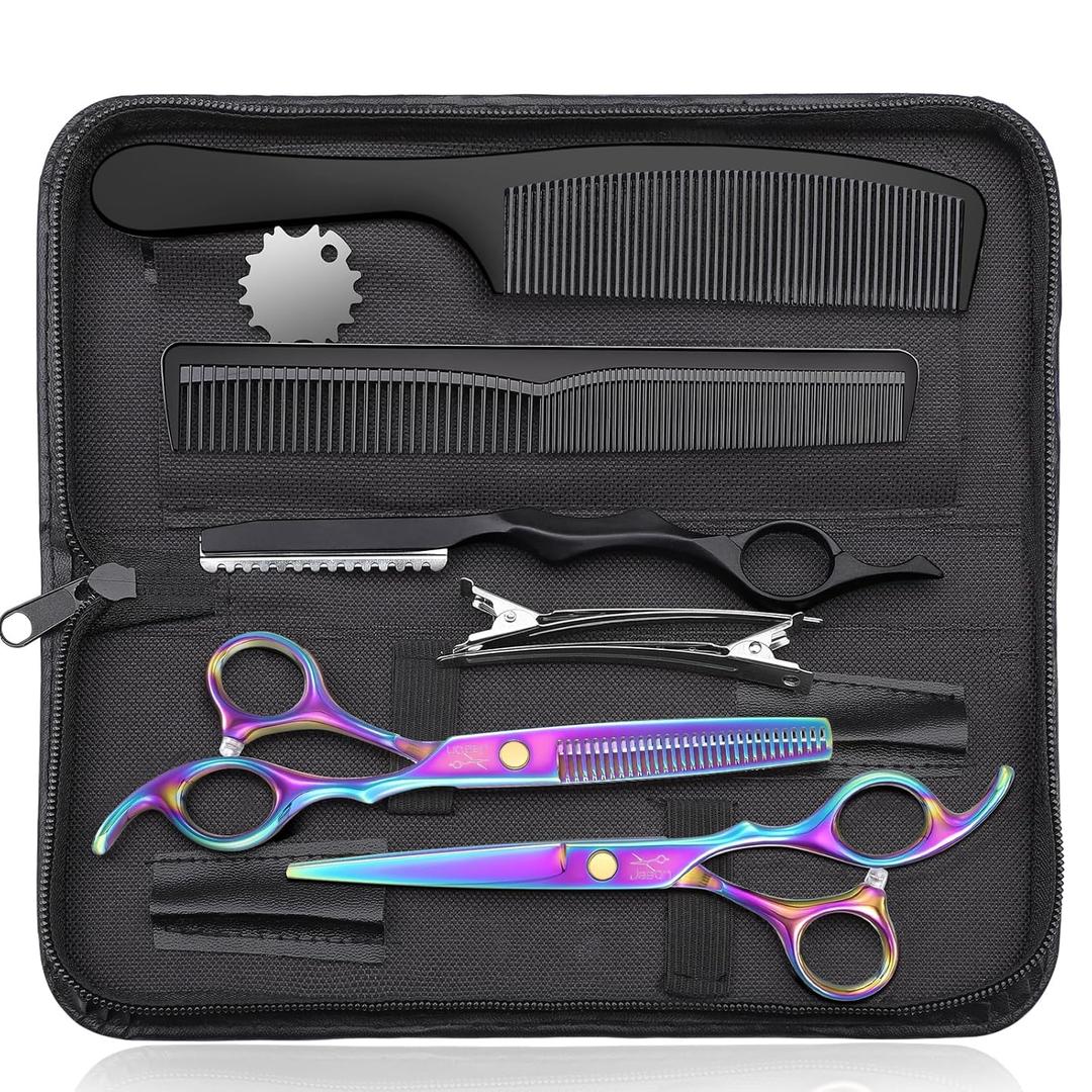 JASON Professional 10-Piece Haircut Scissors Kit - Texturizing Scissors with 30 Teeth, Straight Shears for Barber, Hairdresser, Men, Women, Stylist (6.7", Rainbow)