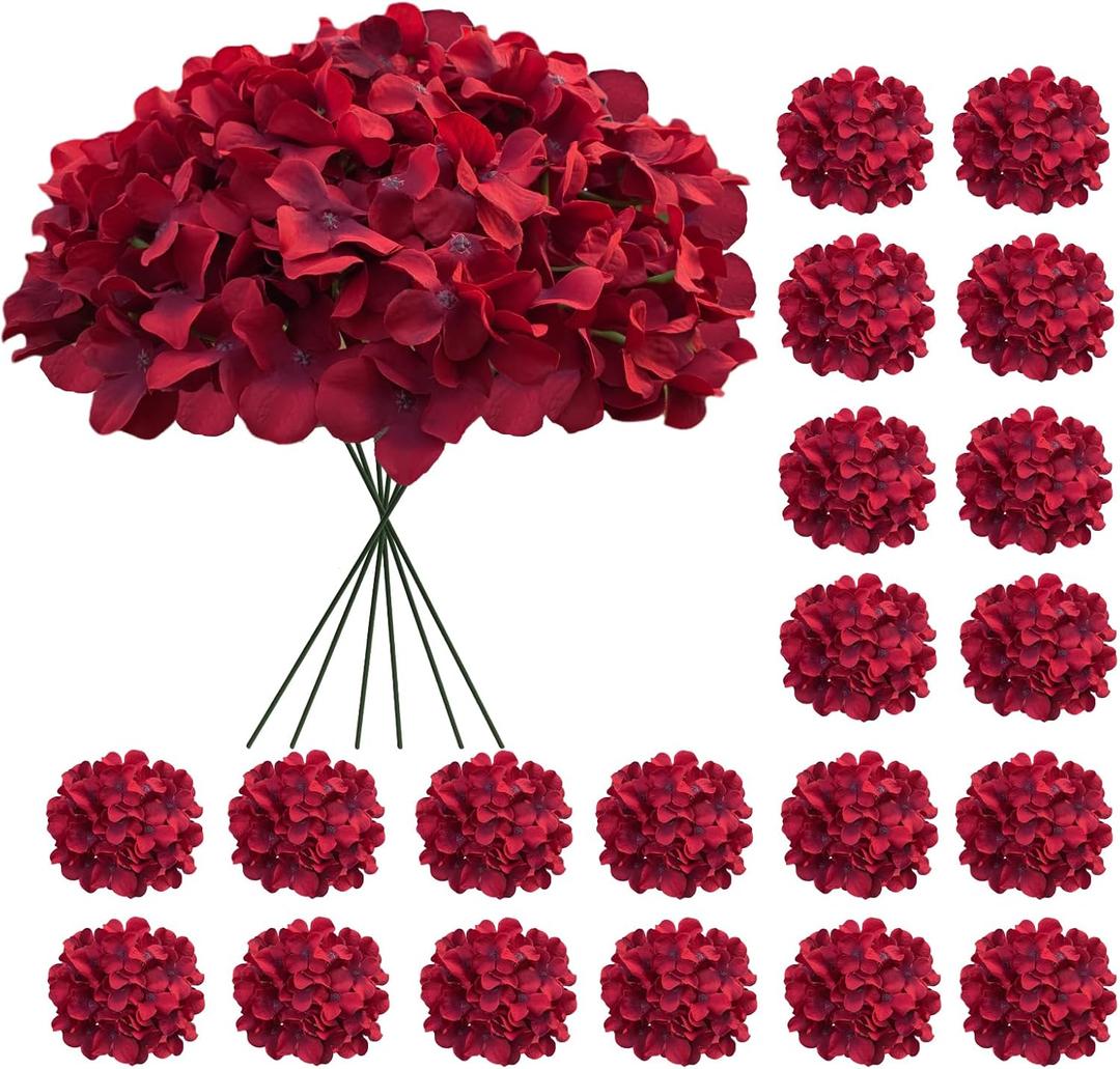 20 Pcs Dark Red Hydrangea Artificial Flowers Bulk, Faux Hydrangea Flowers Heads, Artificial Fake Silk Hydrangea Flowers with Stems, Red Flowers Artificial for Decoration Wedding Dcor