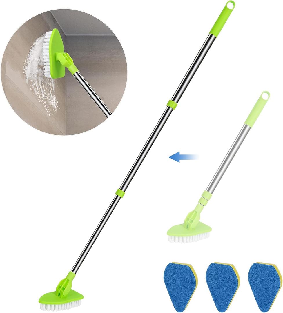 2 in 1 Scrub Cleaning Brush with 37 Long Extendable Handle,1 Stiff Bristle and 3 Sponge Brushes, Lightweigh Detachable Shower Scrubber for Cleaning Bathroom Shower Bathtub Glass Tile Floor